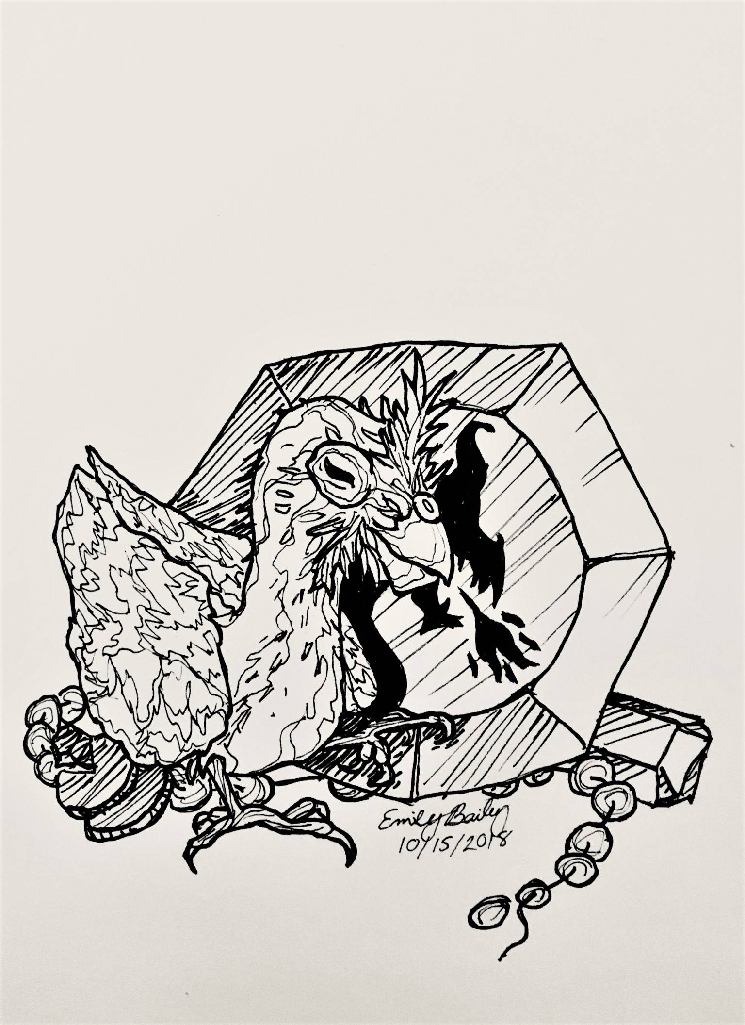 A baby bird with a dragon's shadow on a gem