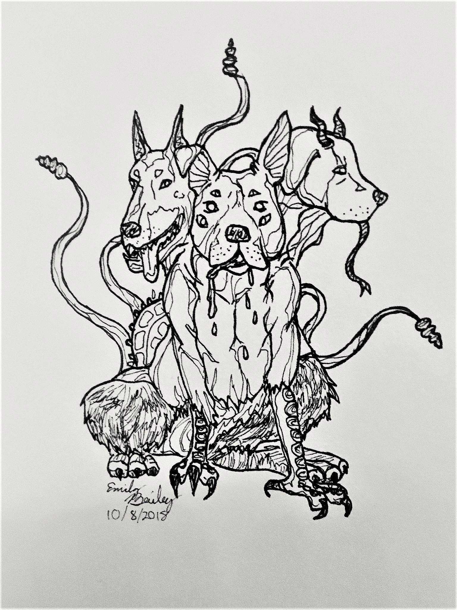 A demon dog with three heads all happy to see you