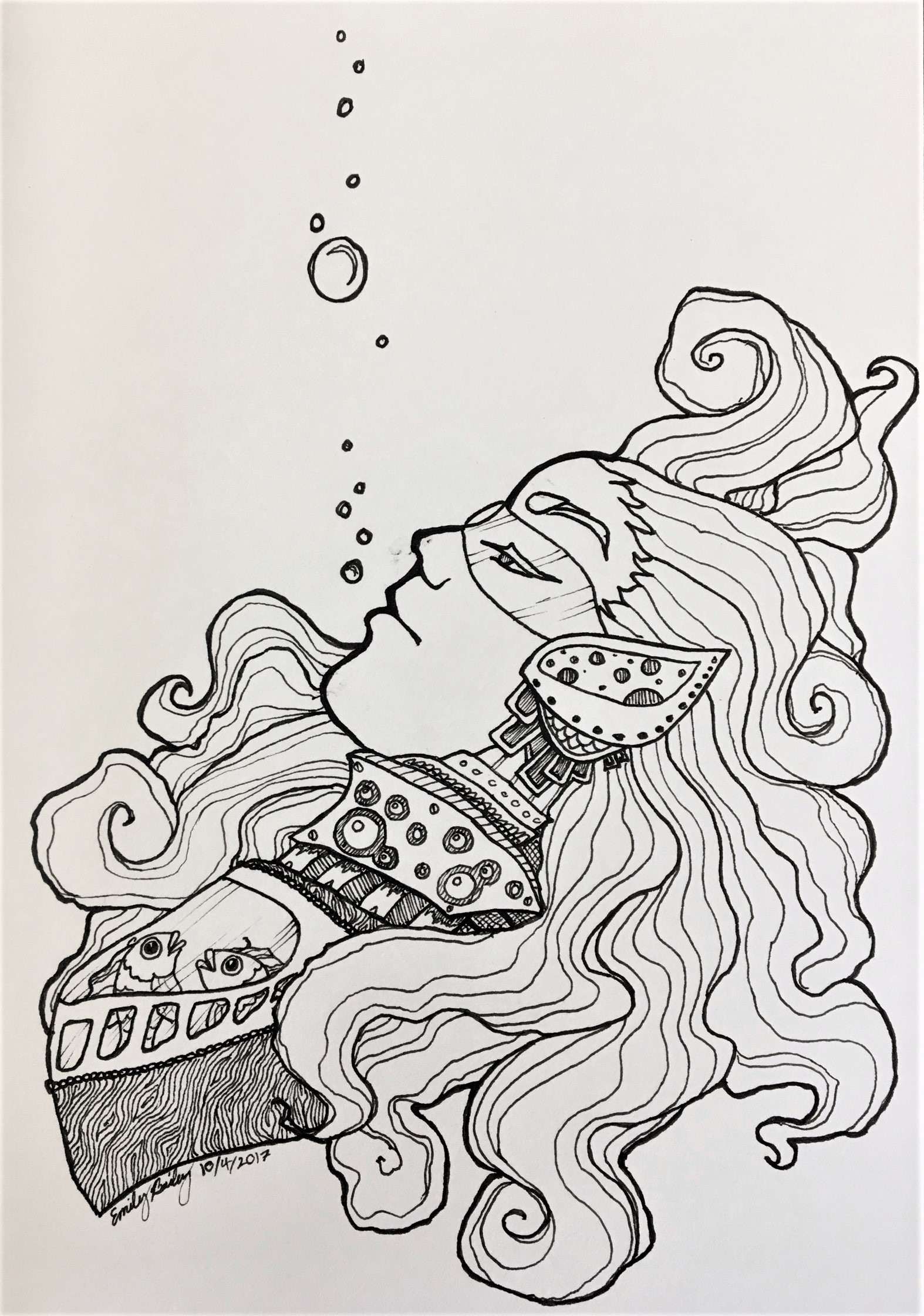 The bust of a person undrwater, with a fishbowl in their chest