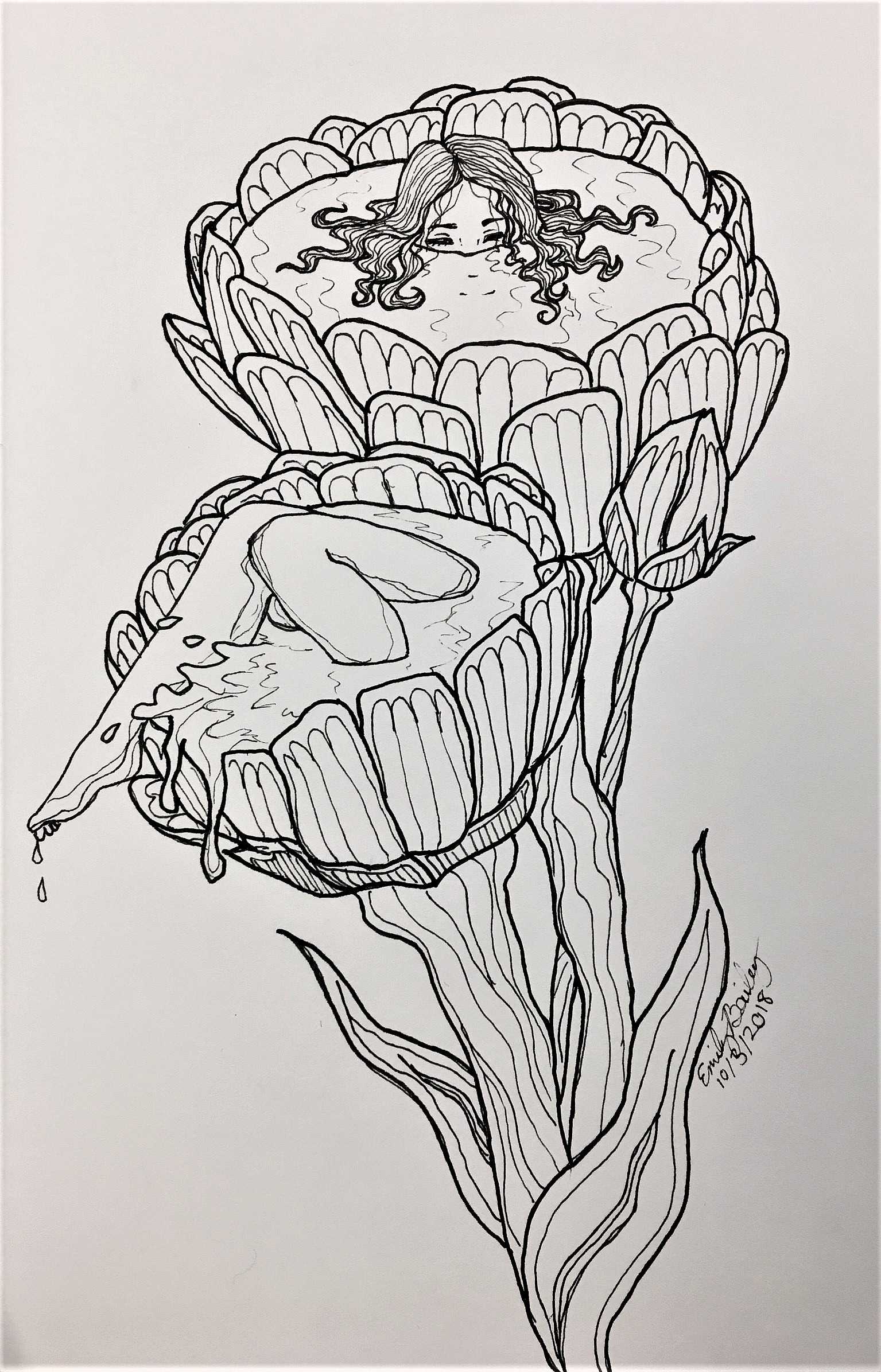 A person sinking into flowers full of water for a bath
